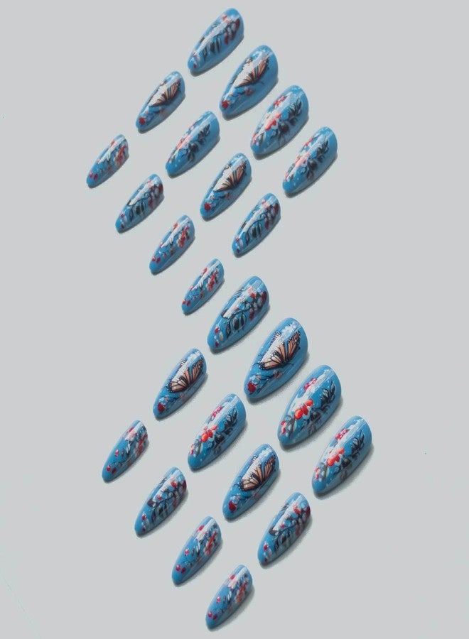 OCOUYVD Press on Nails Almond Stiletto Heel Fake Nails with Flower Butterfly Designs Spring Summer Nails Glue Nails Glossy Blue Brown Acrylic Full Cover Nails False Nails Tip Stick on Nails for Women 24PCS - Image 4